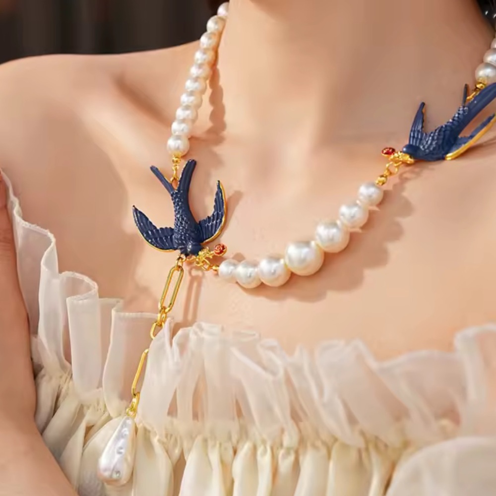 New Pearl and Blue Bird Necklace unique adjustable statement